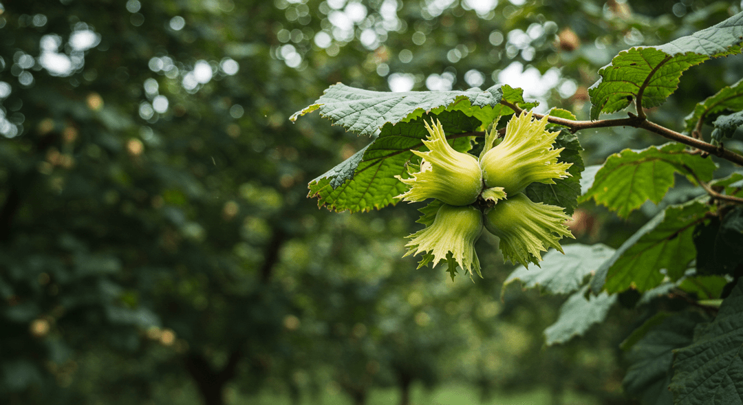 A branch of a hazelnut tree with developing green nut husks hanging under orchard canopy.