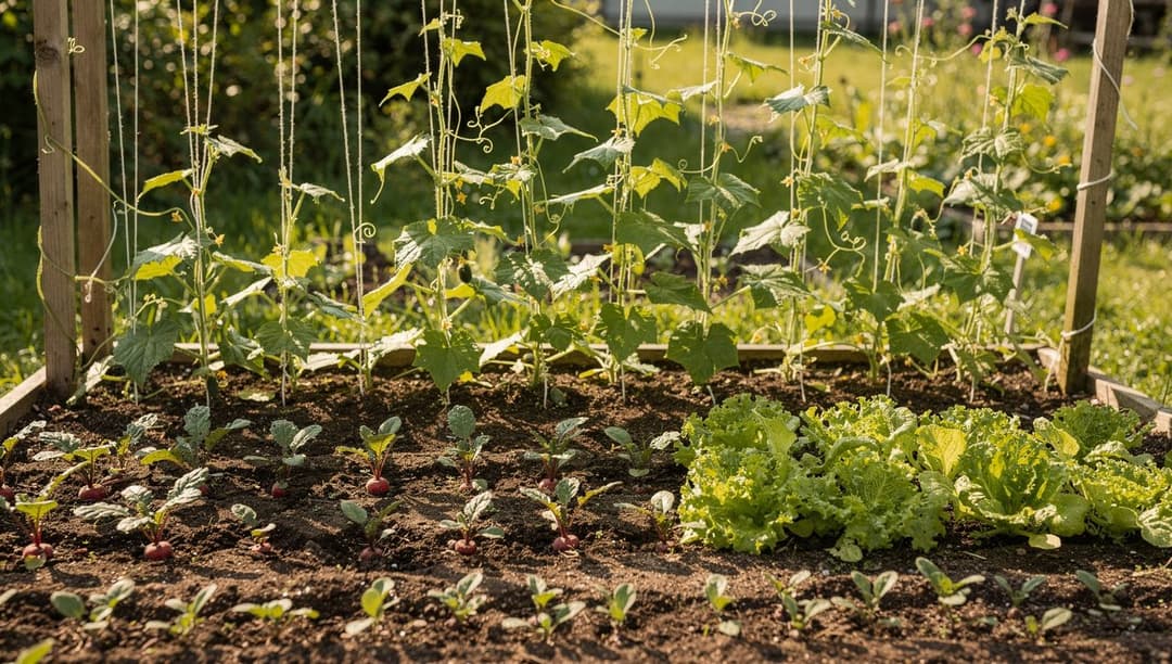 Cucumber vines trained up a vertical string trellis with radish seedlings and lettuce growing in the open soil at the base of the bed.