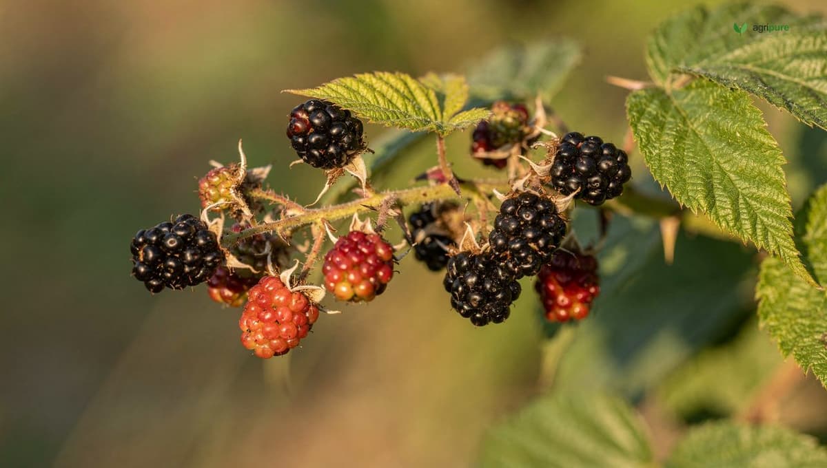 Ripe and ripening wild blackberries on a thorny cane, the dark aggregate fruit made of clustered drupelets among green leaves