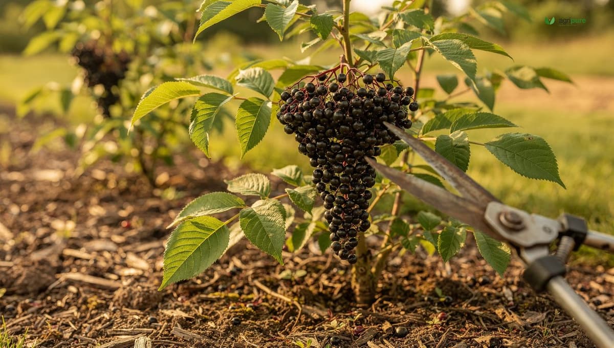 A young planted elderberry bush in a garden row with a cluster of ripe dark berries being cut from the shrub by hand shears
