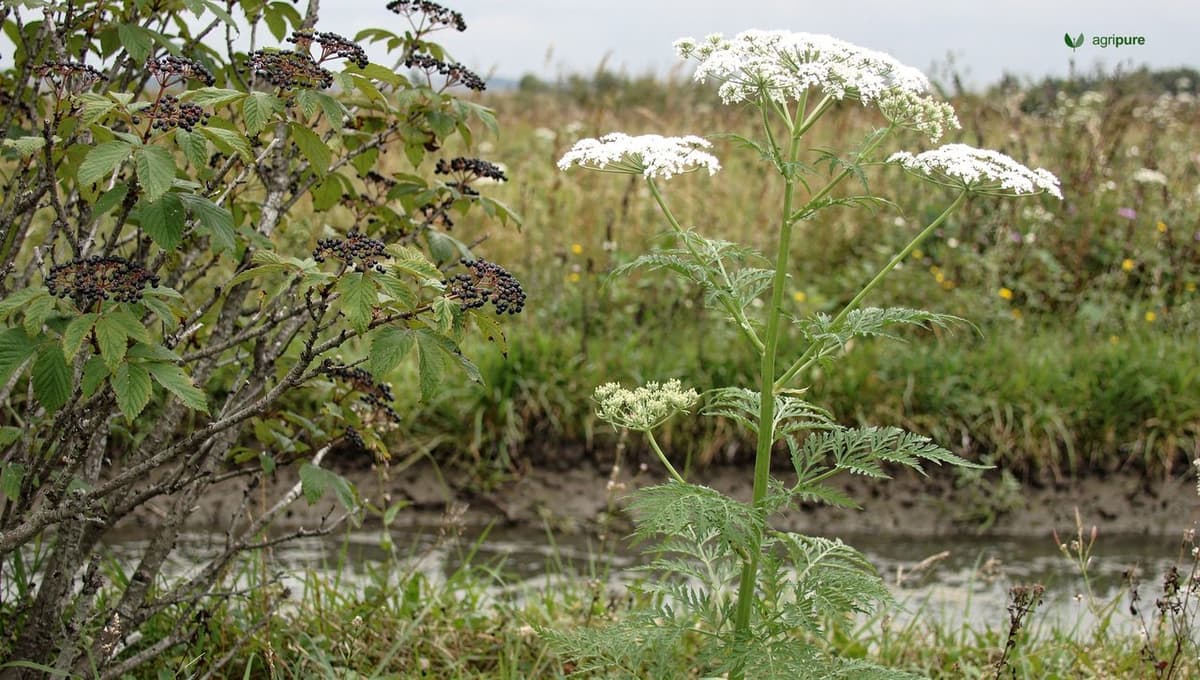Side by side comparison of a woody elderberry shrub with flat-topped berry clusters and a herbaceous water-side plant with alternate divided leaves and no berries