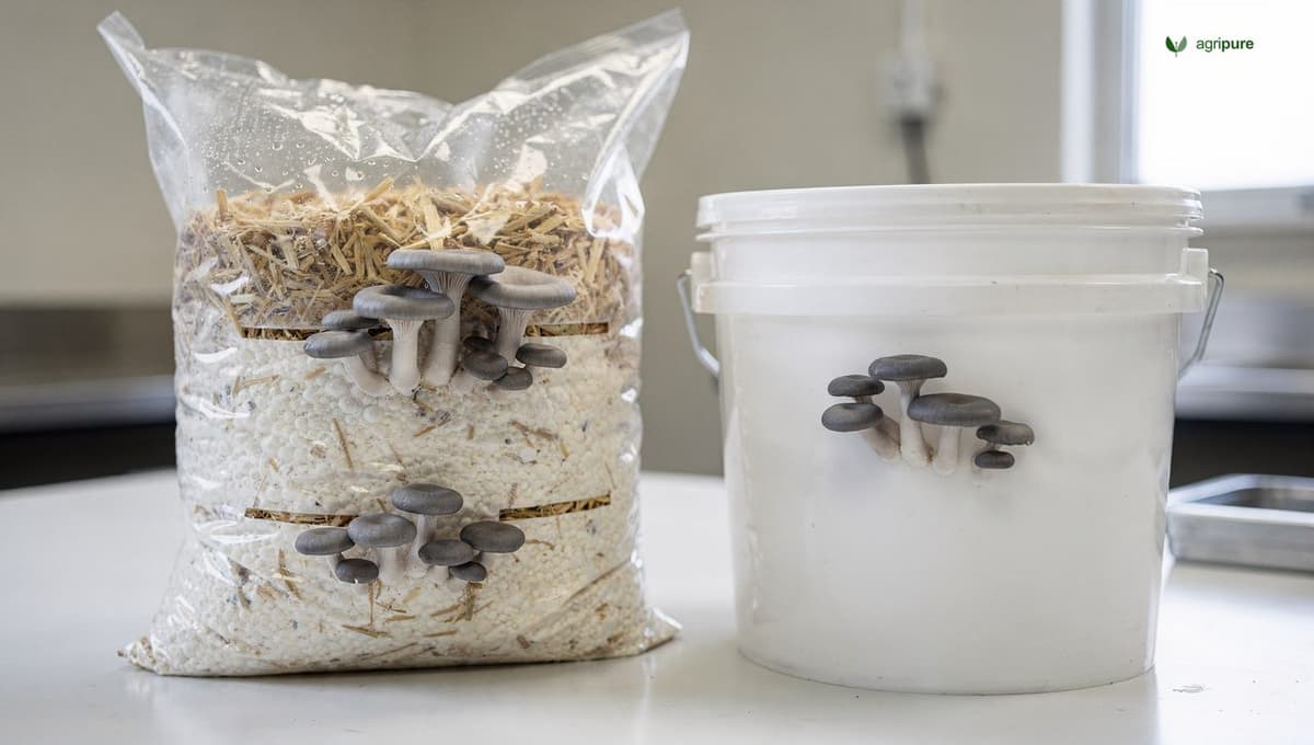 A clear plastic grow bag and a five-gallon bucket packed with pasteurized wheat straw fully colonized white with oyster mushroom mycelium, young grey oyster clusters emerging from holes