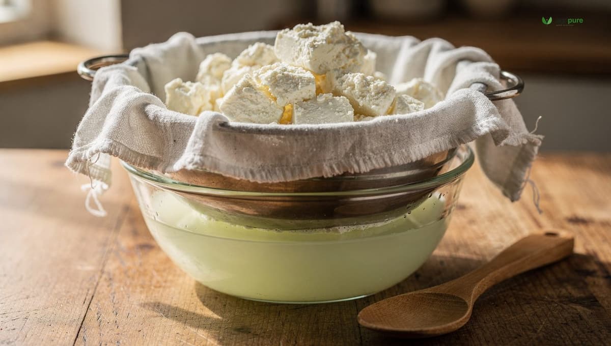 Fresh white cheese curds draining in a cheesecloth-lined colander over a bowl of pale green whey on a wooden counter, the simplest fresh-cheese method in progress