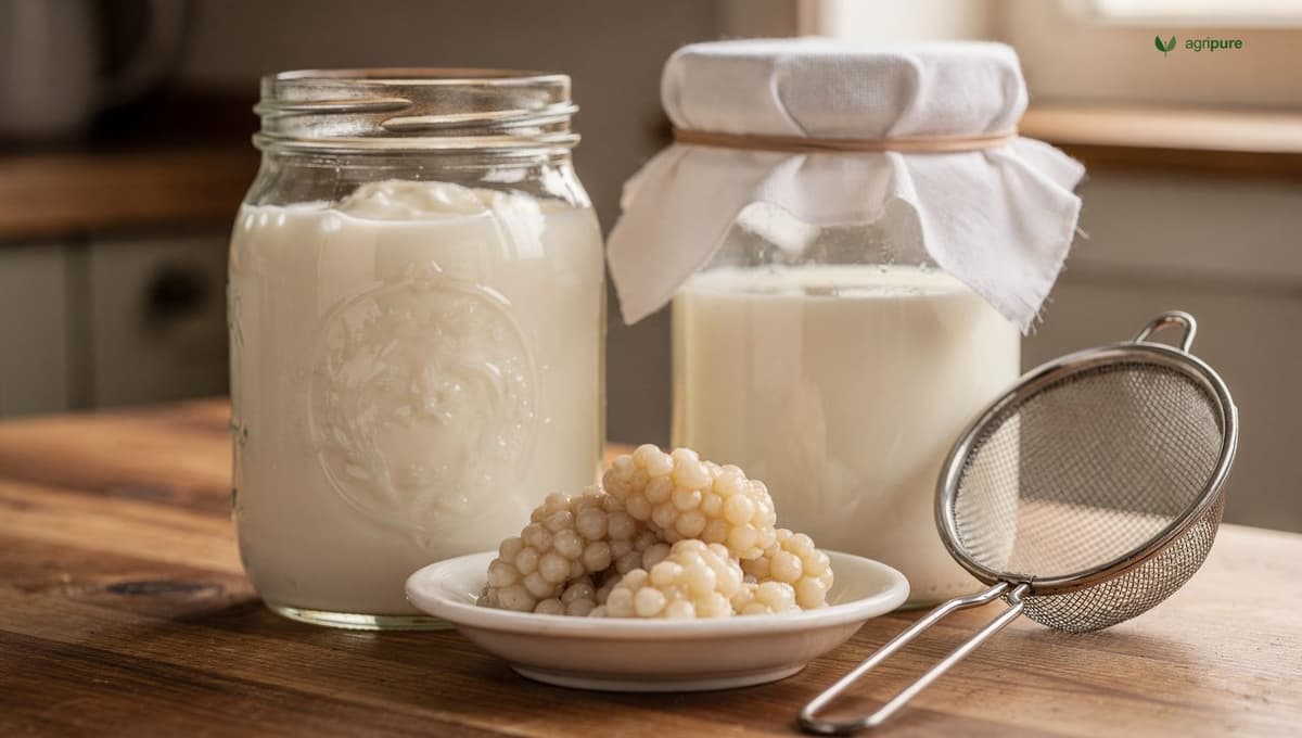 Glass jars of homemade yogurt and milk kefir on a wooden counter, a cloth cover and rubber band on the kefir jar, and a small dish of kefir grains beside a strainer