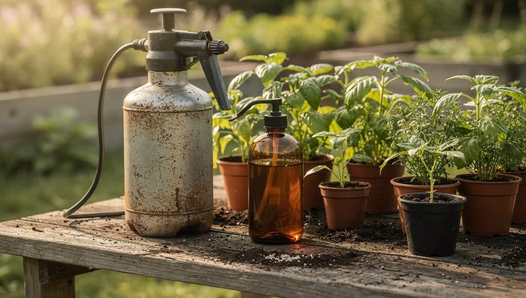 A garden pressure sprayer and an amber bottle of insecticidal soap on a wooden potting bench beside healthy potted herbs and pepper seedlings in morning light.