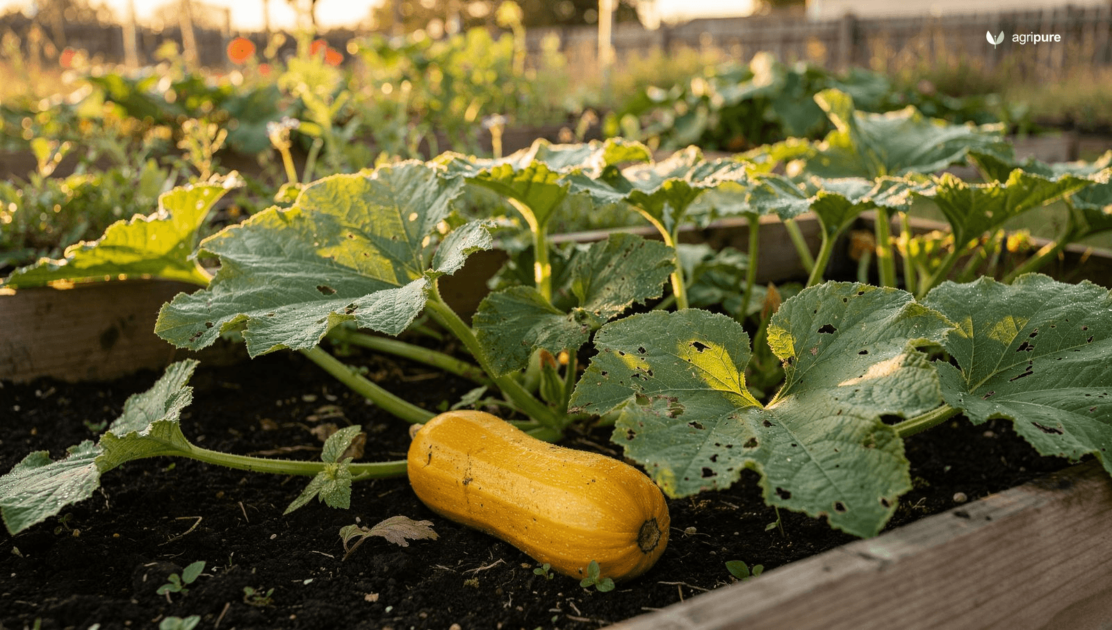Broad squash leaves and a young yellow zucchini in a sunny home garden, the undersides of the leaves dotted with small bronze egg clusters.
