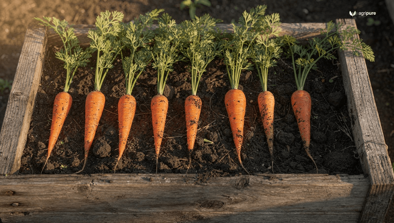Freshly harvested orange carrots with feathery green tops laid on dark garden soil in a raised wooden bed