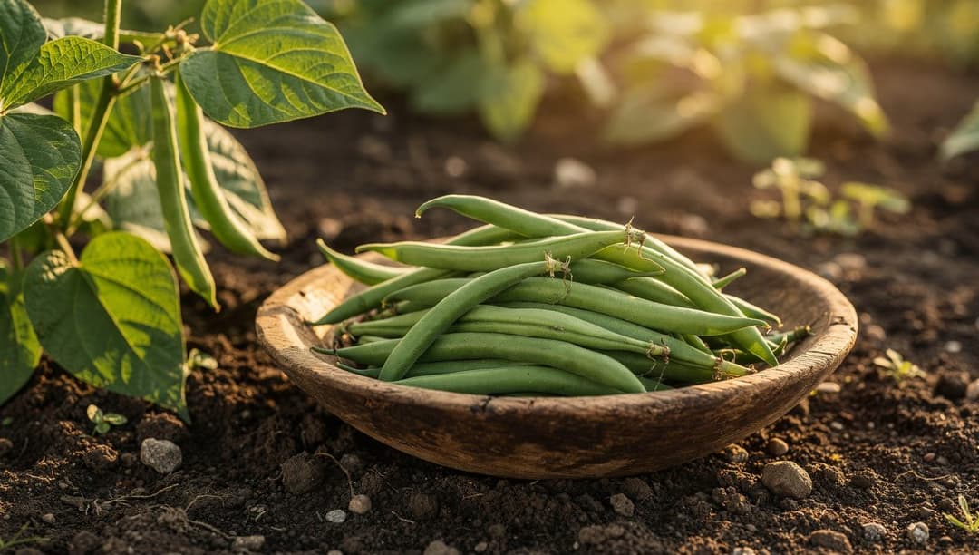 A wooden bowl heaped with freshly picked slender green bean pods resting on the soil beside a leafy bean plant.