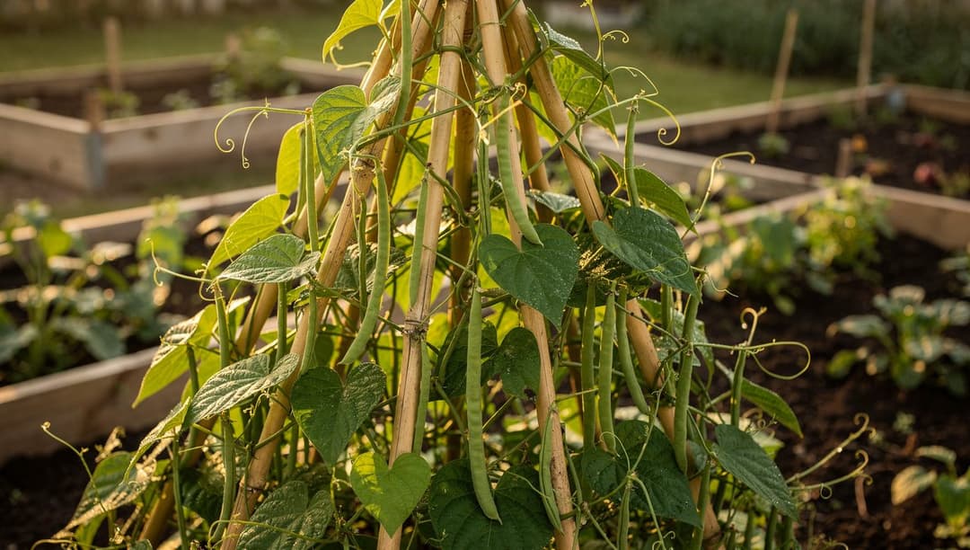 A bamboo teepee trellis covered in climbing pole bean vines with hanging green pods in a backyard vegetable garden.