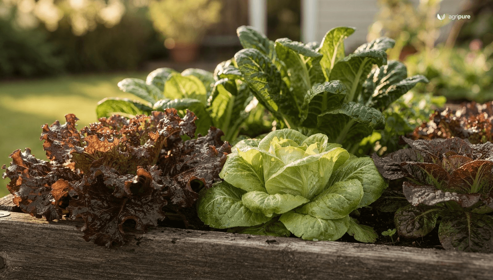 A raised wooden garden bed overflowing with mixed lettuce varieties — red-leaf, romaine, and butterhead — in dappled morning light