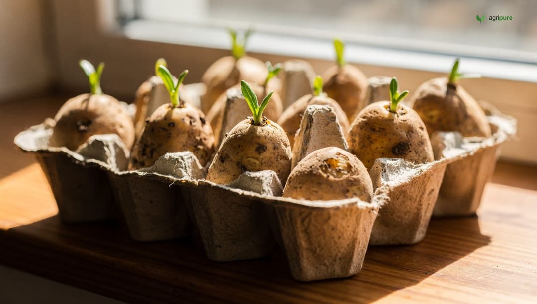 Seed potatoes laid out in an egg carton with short green sprouts emerging from the eyes, chitting on a bright windowsill