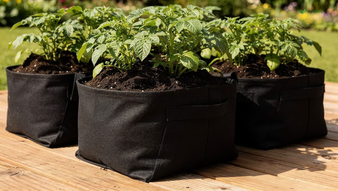 Black fabric grow bags on a wooden deck with potato plants growing, stems mounded with dark compost-rich soil