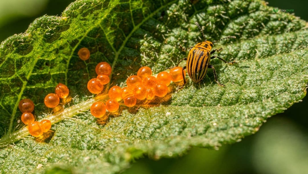 Close-up of orange Colorado potato beetle egg masses on the underside of a potato leaf, with a striped adult beetle visible nearby