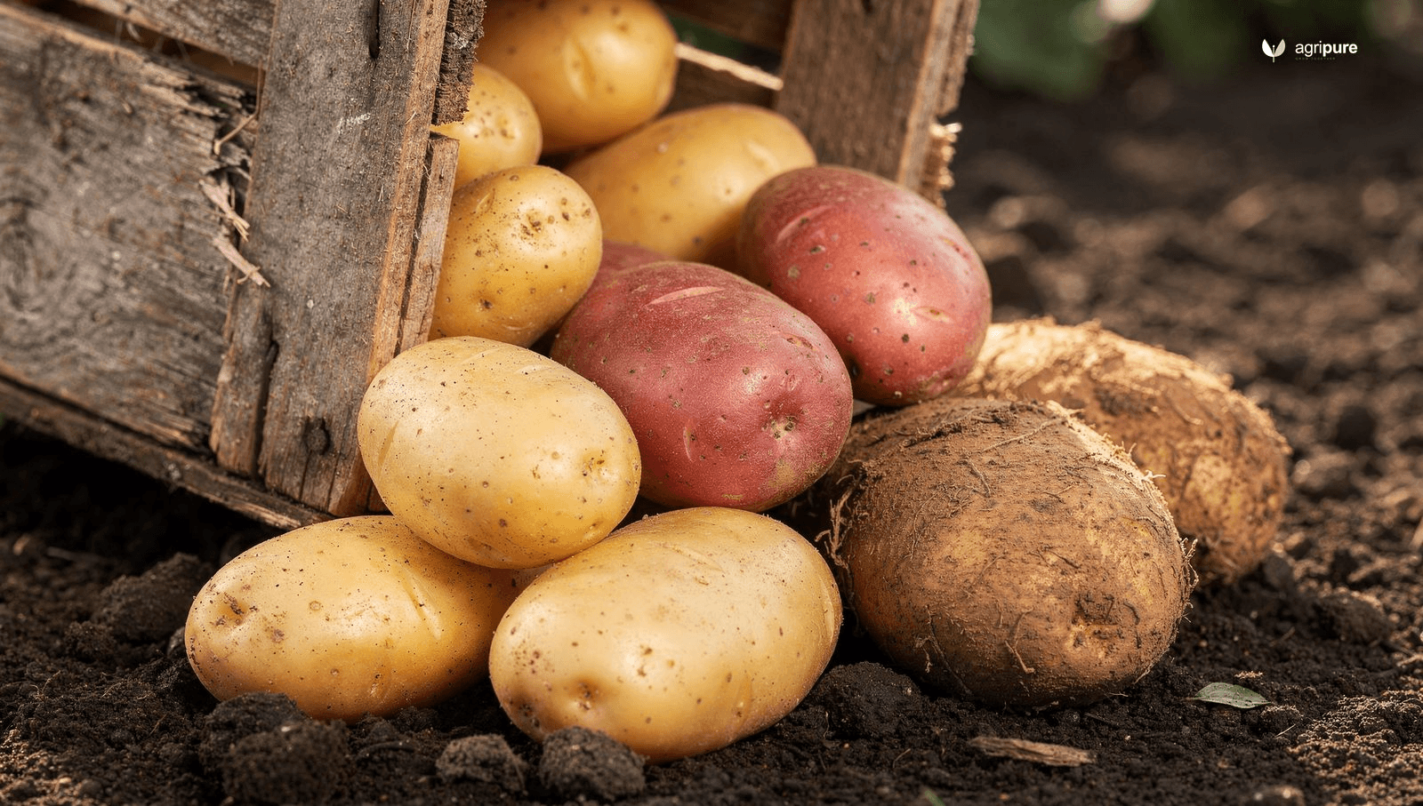 Freshly harvested potatoes of different varieties — yellow, red, and russet — spilling from a wooden crate onto dark garden soil