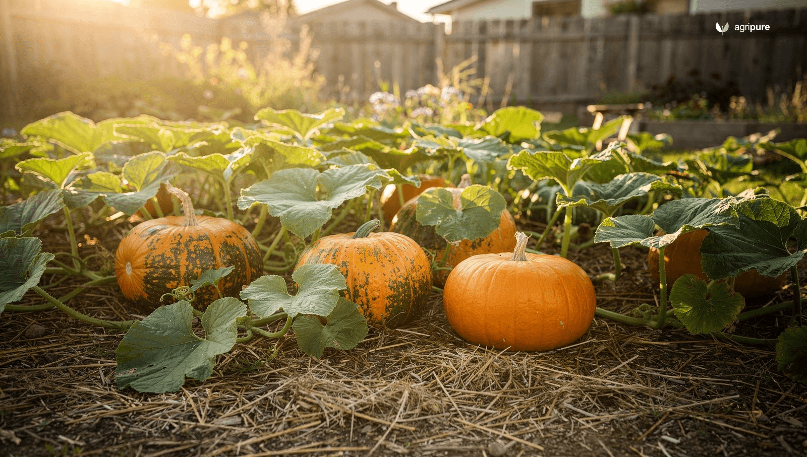 A backyard pumpkin patch in late summer with sprawling green vines and several ripening orange pumpkins resting on straw in golden afternoon light.