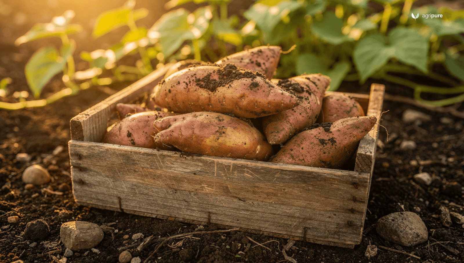 Freshly harvested sweet potatoes with copper-rose skin resting in a wooden crate on a garden bed with vines in the background