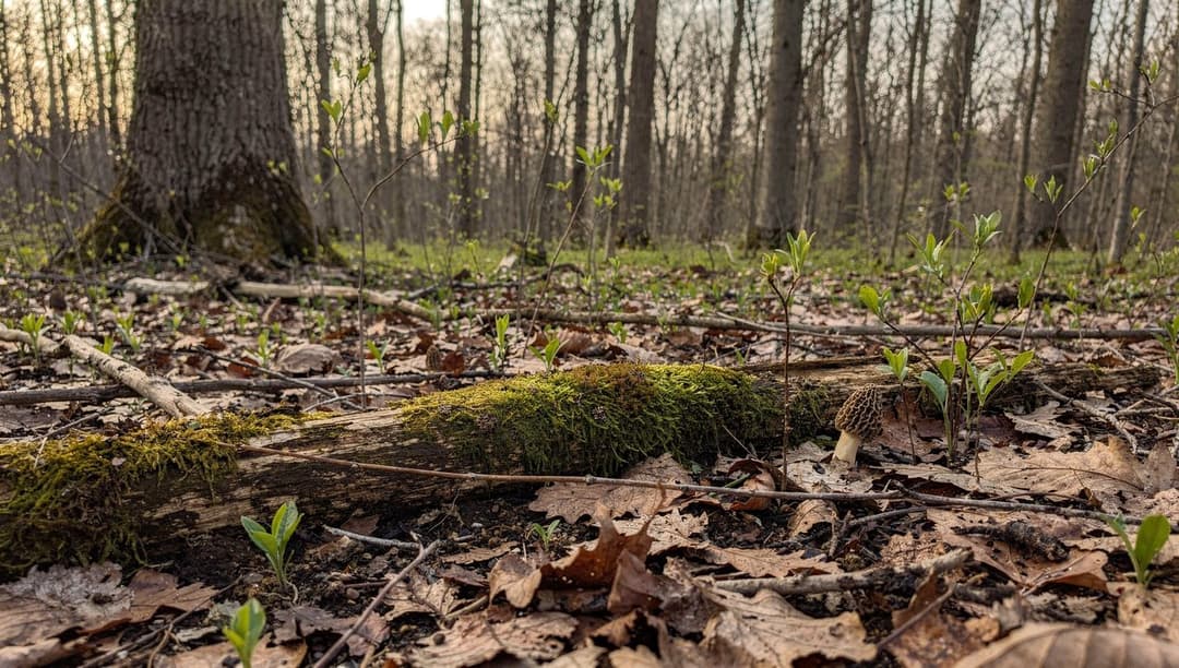 A spring hardwood forest floor with leaf litter and a fallen log, the kind of woodland edge habitat where morel mushrooms fruit.
