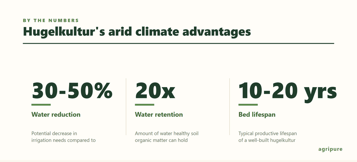 Infographic showing statistics about hugelkultur benefits in dry climates.