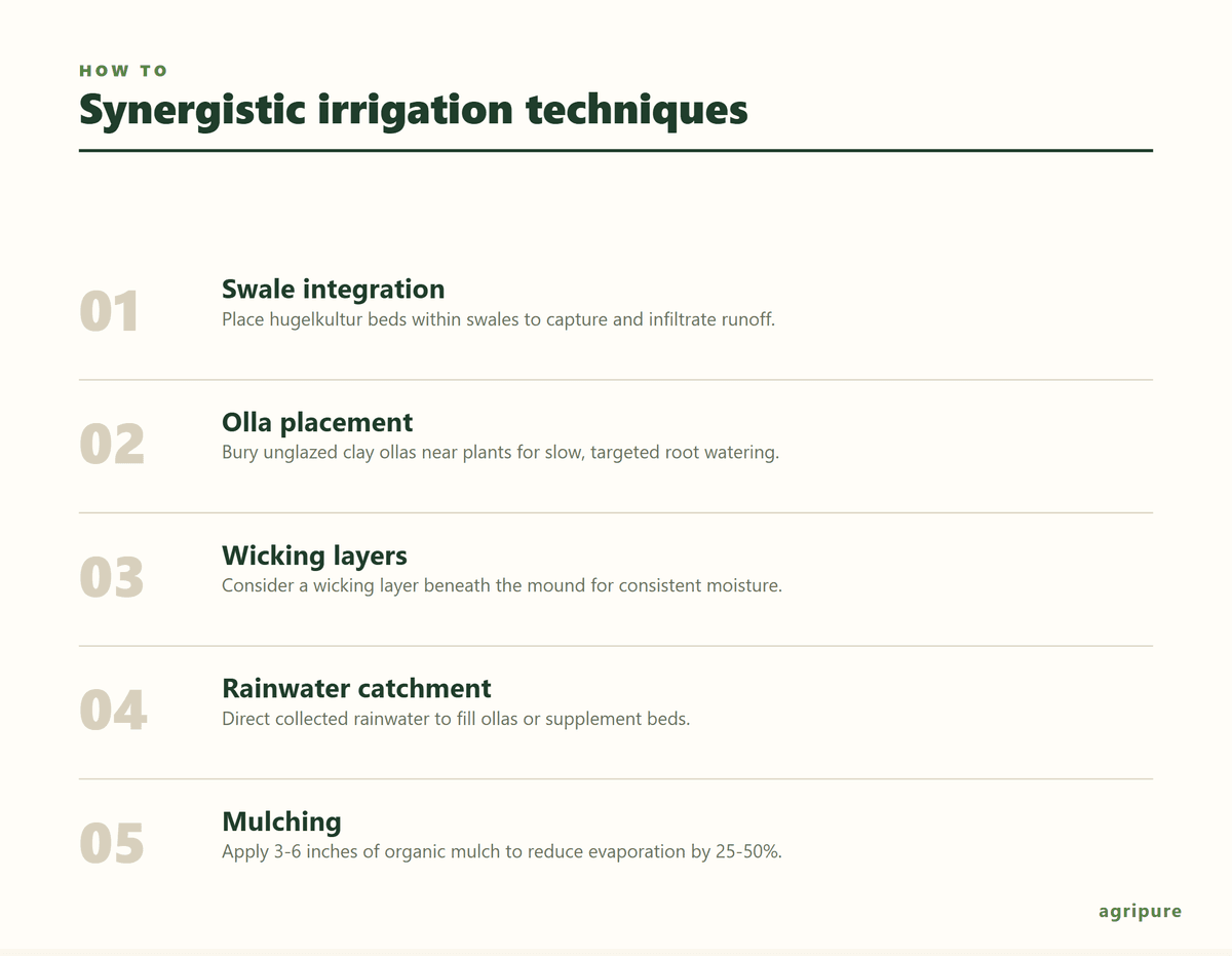 Infographic showing how hugelkultur combines with other water harvesting methods.