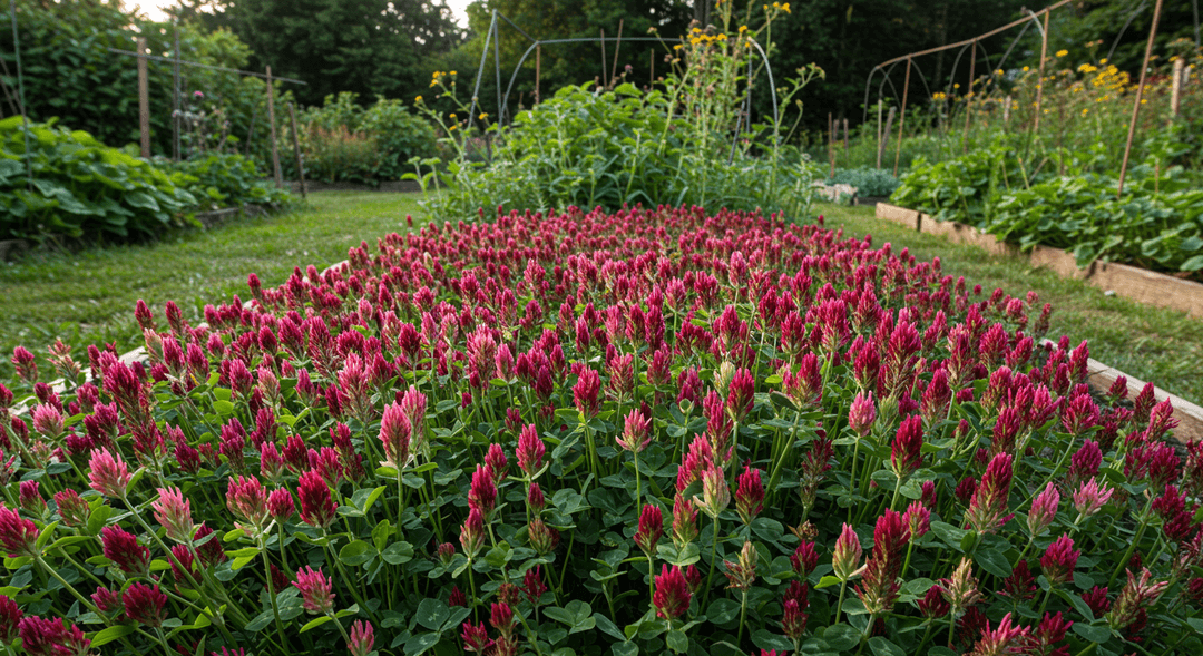 A vibrant field of red clover blossoms creating a dense green living mulch cover.