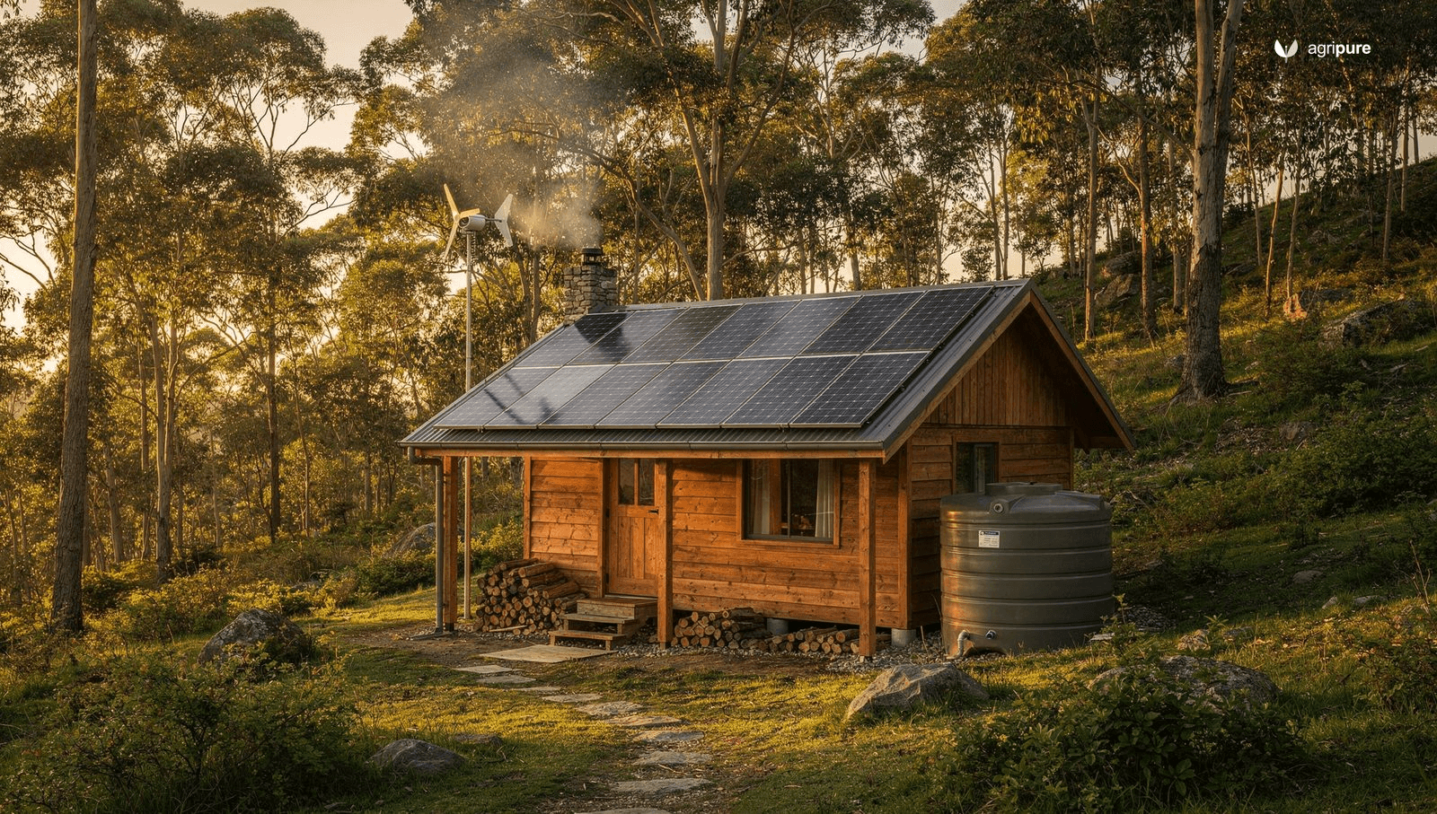An off-grid cabin with roof solar panels, a rainwater tank, and a small wind turbine on a wooded hillside at golden hour