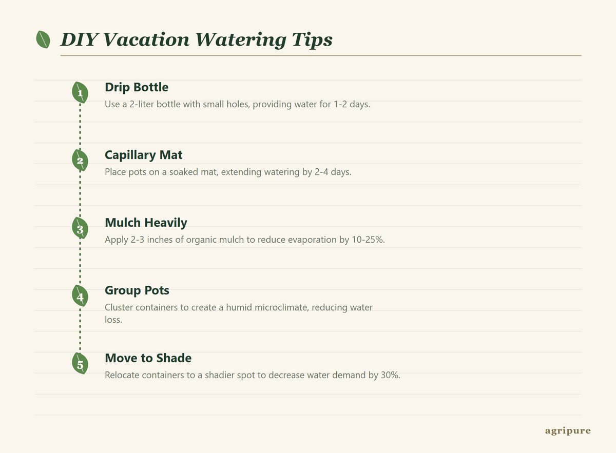 Infographic showing simple DIY methods to water container plants while away.