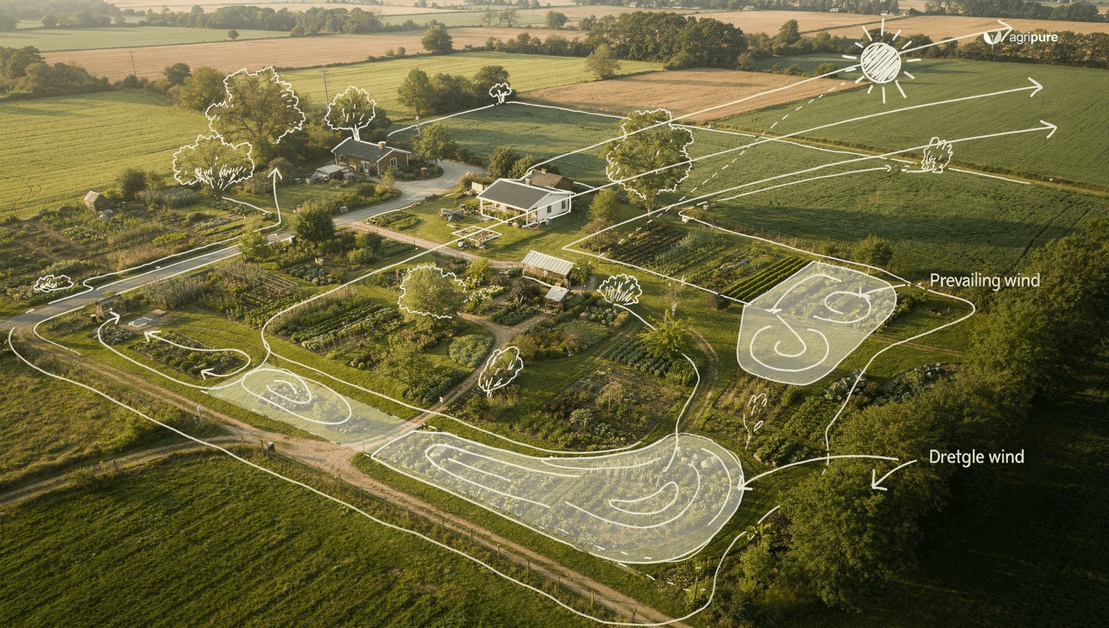 A hand-drawn permaculture site map over an aerial photo of a property, with arrows for sun, wind, and water flow