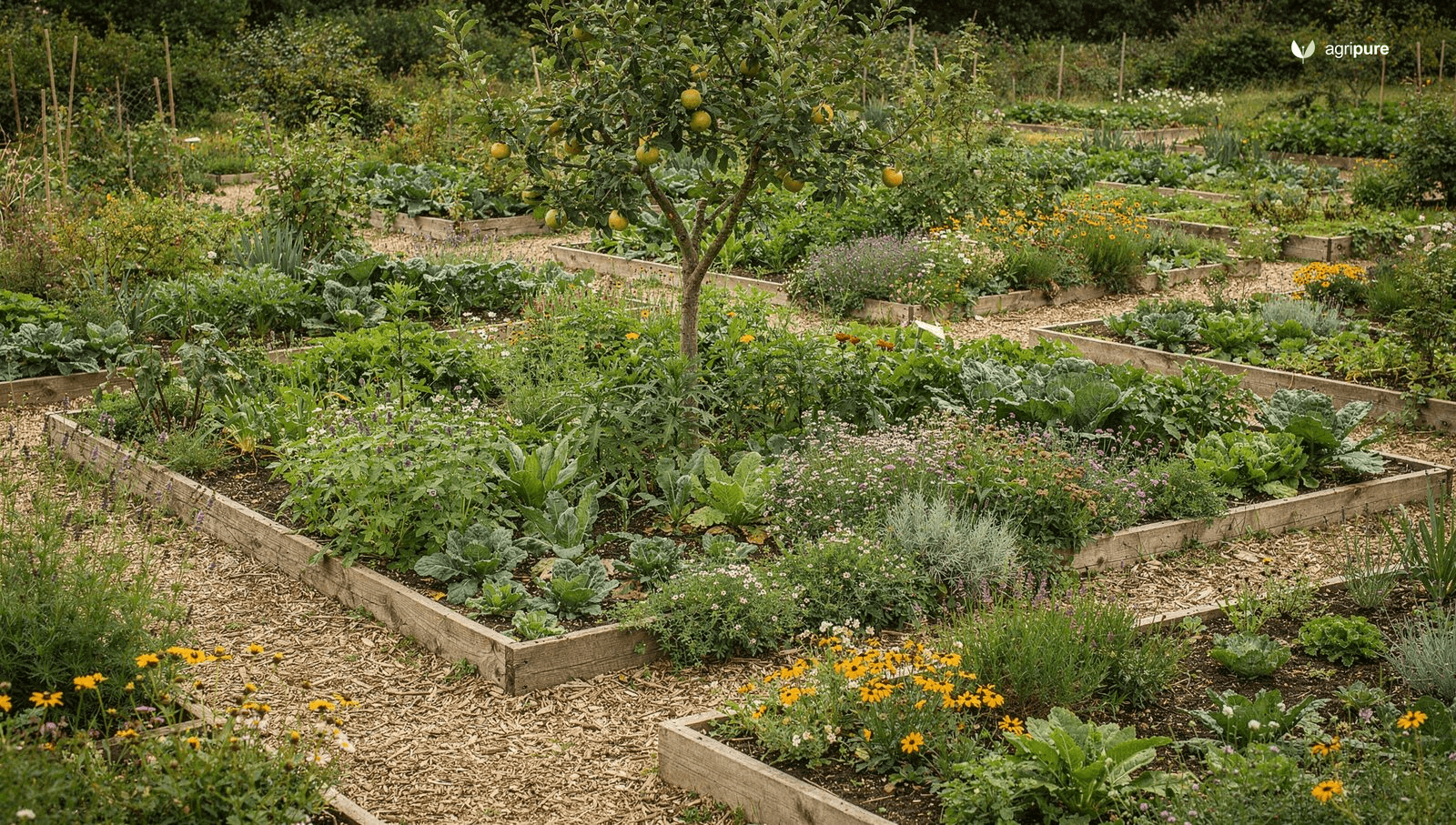 A layered permaculture garden with no-dig beds, a fruit tree underplanted with herbs and flowers, and wood-chip paths