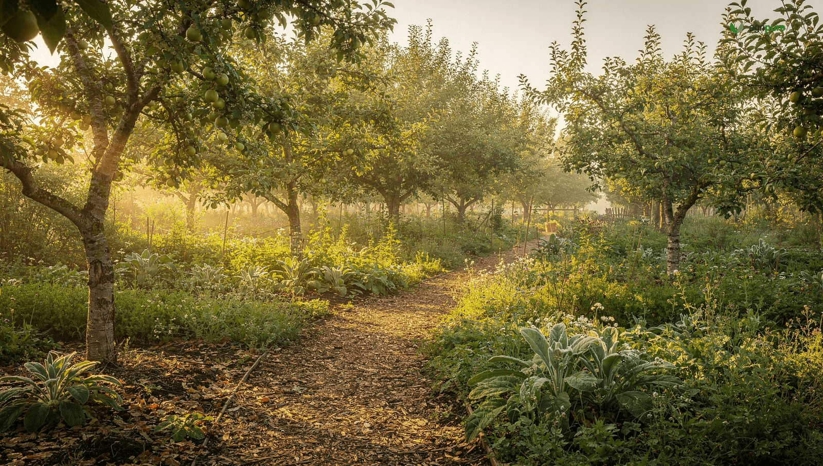 A young food forest at sunrise with layered fruit trees over a flowering understory and a wood-chip path
