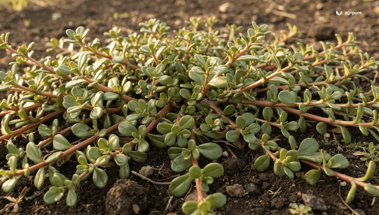 A thick mat of common purslane with fat reddish stems and glossy paddle-shaped green leaves spreading across dark garden soil in morning light.
