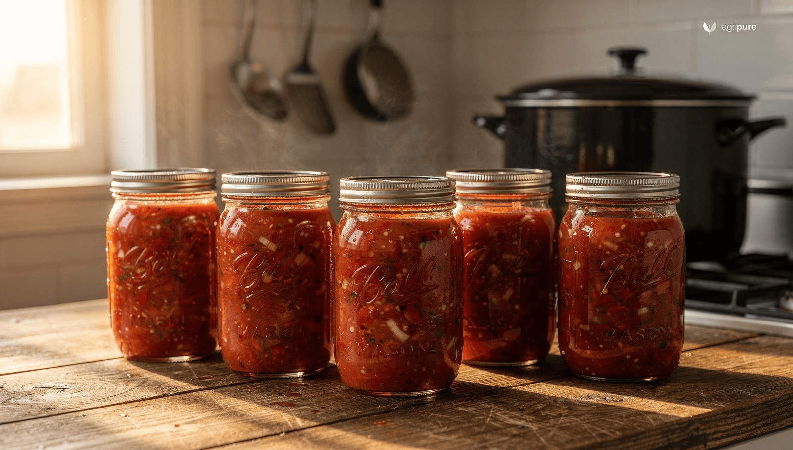 Rows of sealed pint jars of homemade tomato salsa cooling on a wooden counter beside a boiling water bath canner, summer kitchen light