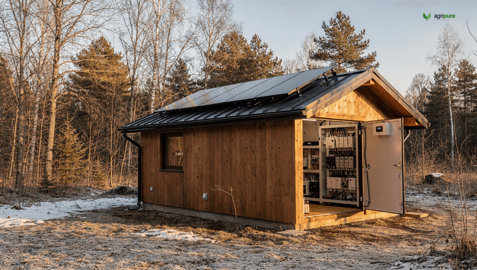 A tiny home in a clearing with rooftop solar panels at a steep tilt for winter sun, a small battery bank visible through the side wall, late-afternoon light