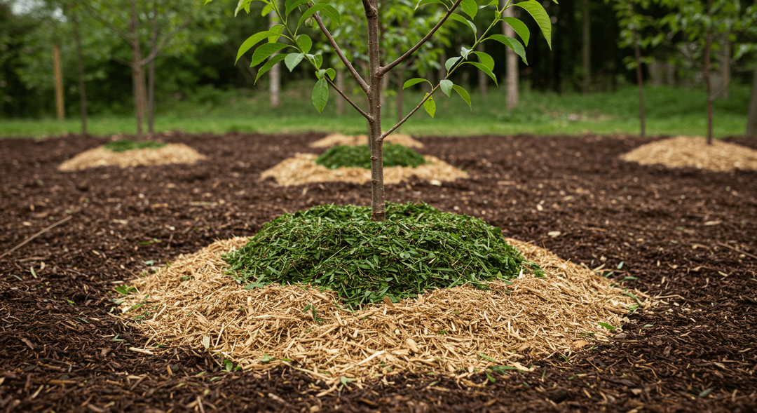 Freshly coppiced tree branches layered neatly as mulch around the base of a fruit tree.