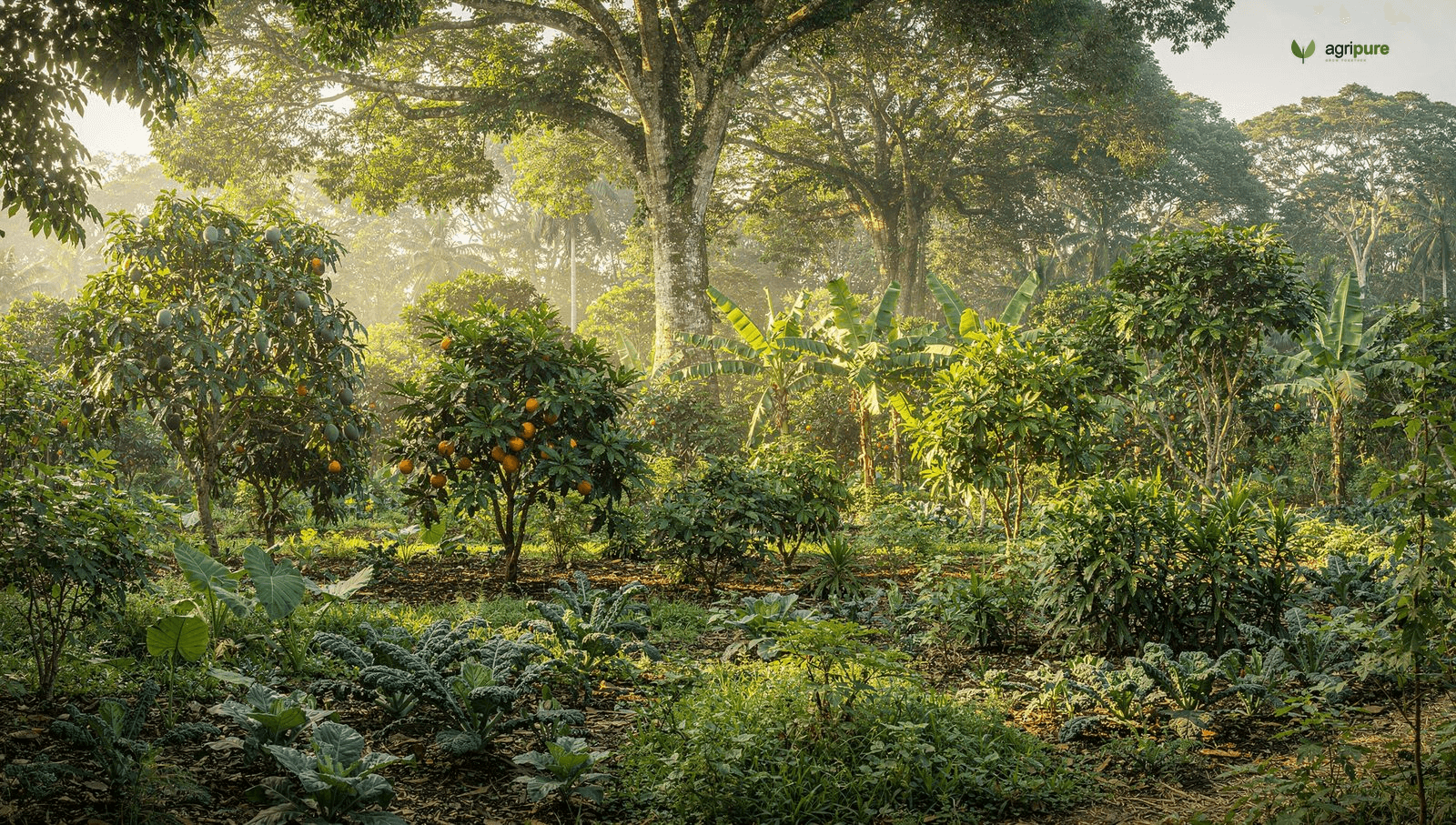 A dense, multi-layered syntropic food forest with tall trees over fruit trees, shrubs, and ground crops all growing together