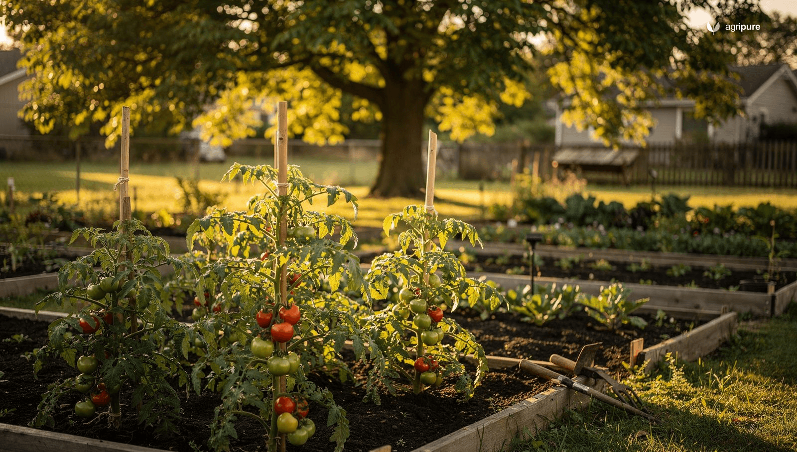 A backyard vegetable garden at golden hour with staked tomato plants in the foreground and a tall black walnut tree casting shade at the edge of the plot.