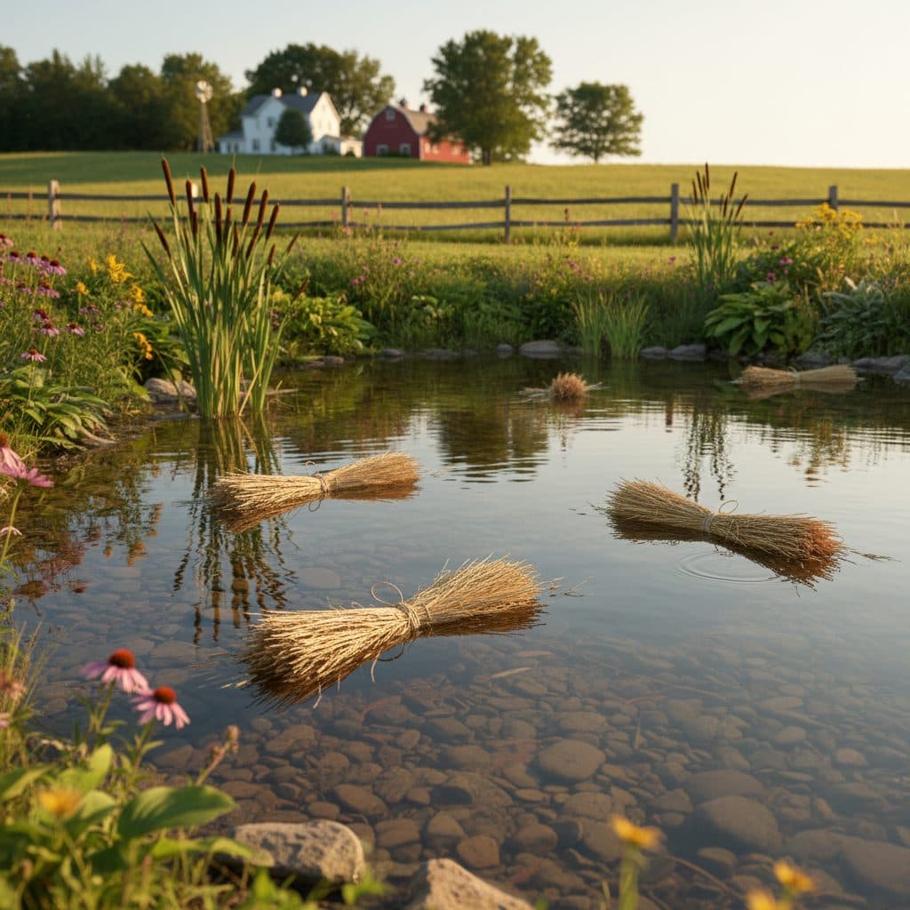 A clear pond on a US homestead with barley straw bundles and native plants providing shade
