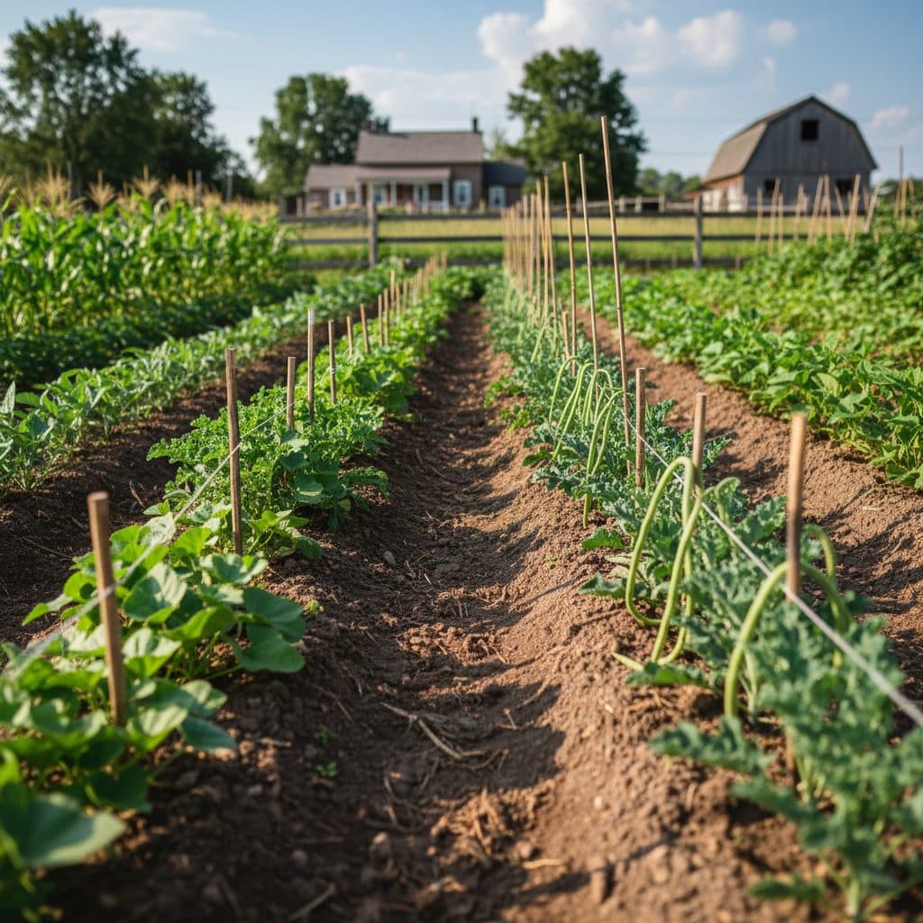 A thriving homestead garden with dark, rich soil and healthy vegetable rows under a clear sky.