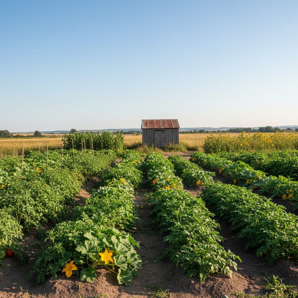A thriving vegetable garden on a hot summer day in a rural US homestead, with rows of green plants and a distant shed.