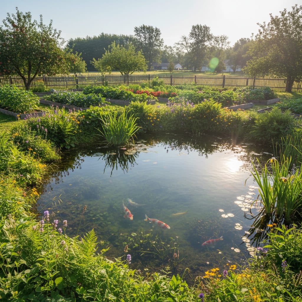 A clear, healthy pond on a US homestead with lush aquatic plants and a green buffer zone.