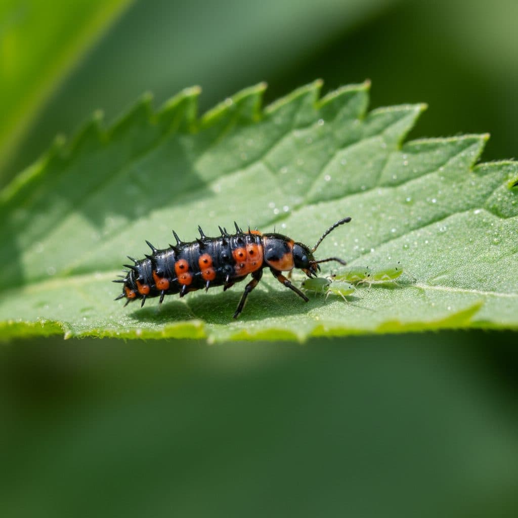 A lady beetle larva, spiky and dark with orange spots, actively preying on green aphids on a vibrant green leaf in a garden.