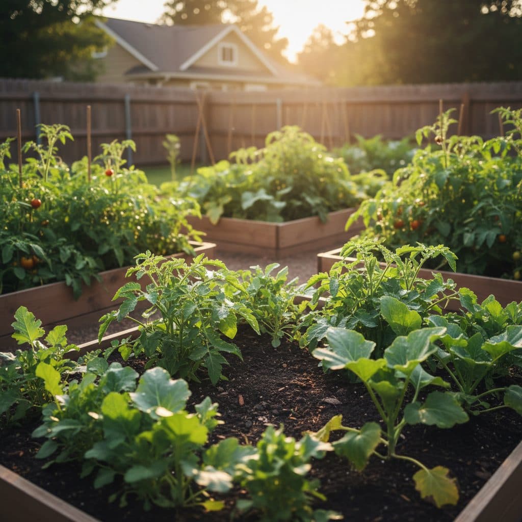 A vibrant garden in sandy soil, showcasing thriving root crops, melon vines, and herbs under bright sunlight.