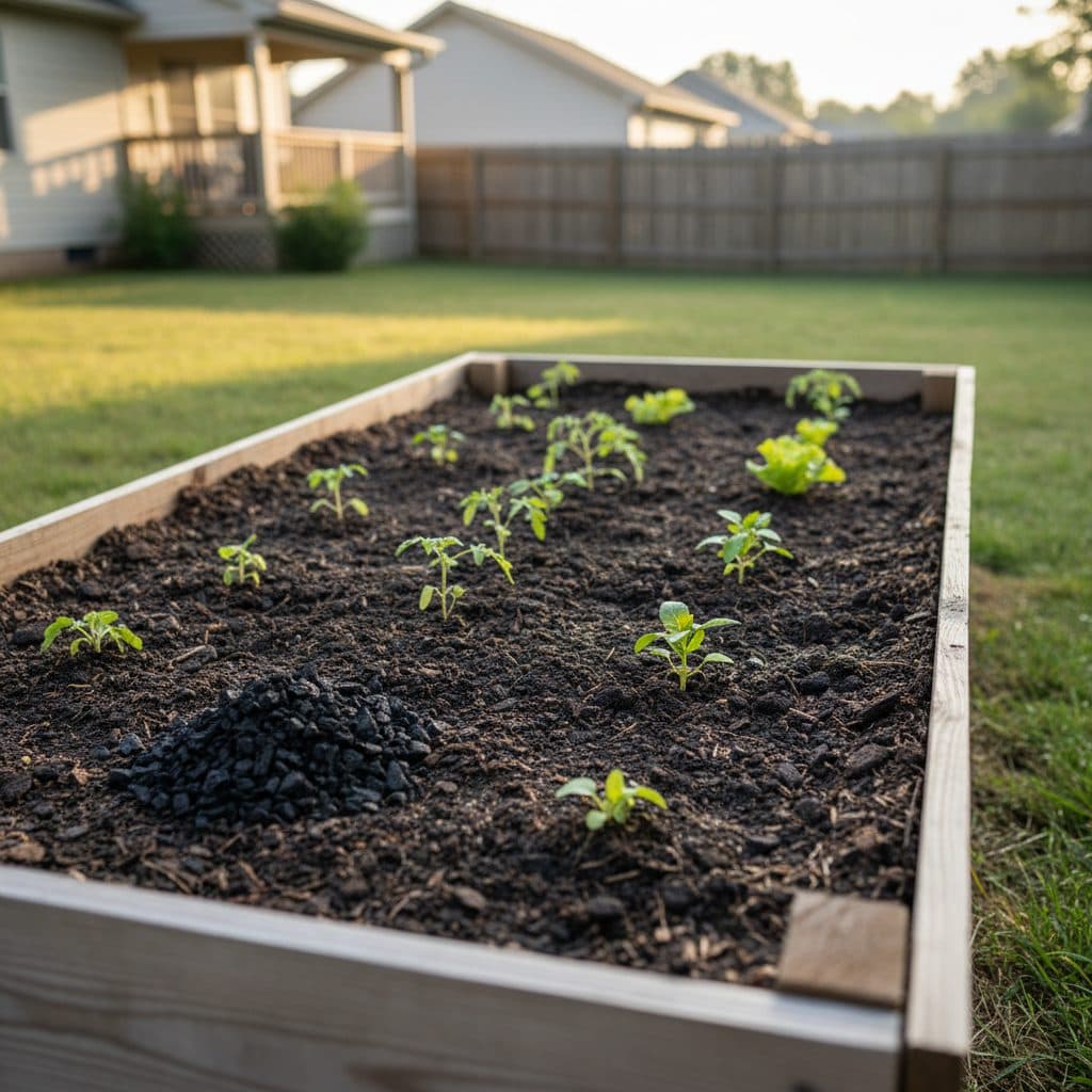 A raised garden bed with dark, rich soil, small vegetable plants, and a pile of biochar ready for incorporation.