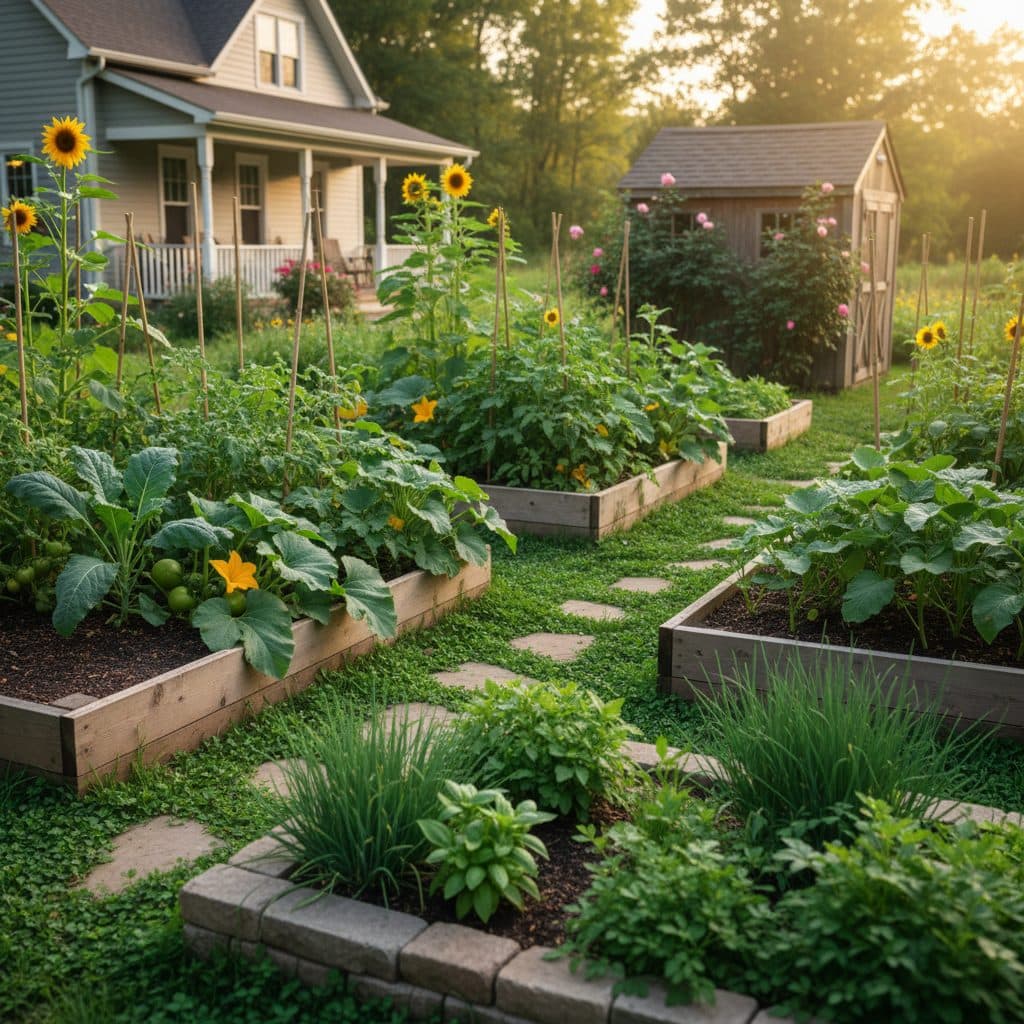 A peaceful homestead garden in rural Ohio with raised beds, lush green vegetables, and a small shed under a clear sky.