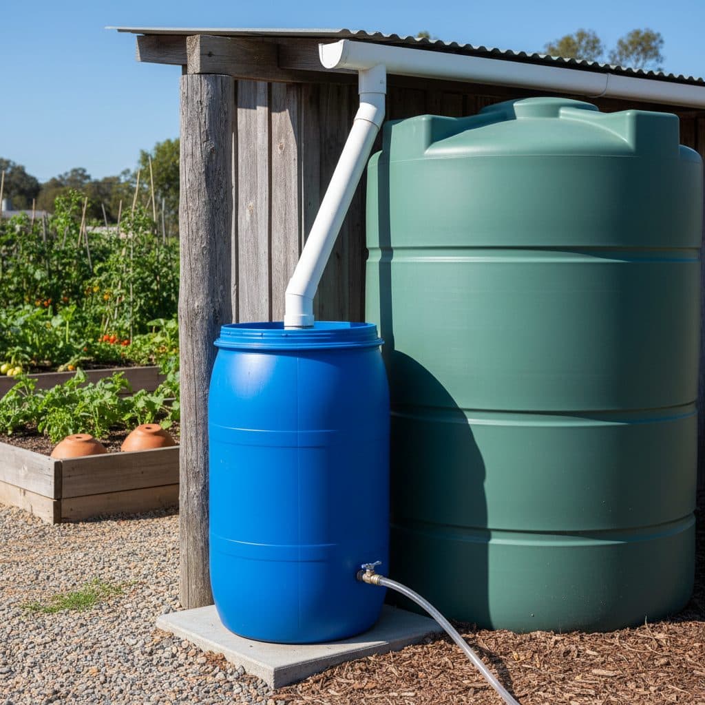 A blue 55-gallon barrel first-flush diverter connected to a downspout, next to a large rainwater tank, with a garden in the background.