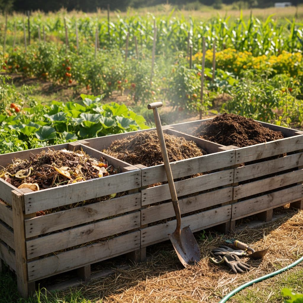 A sturdy 3-bin pallet composting system in a garden, with active compost visible in one bin and curing compost in another, under a clear sky.
