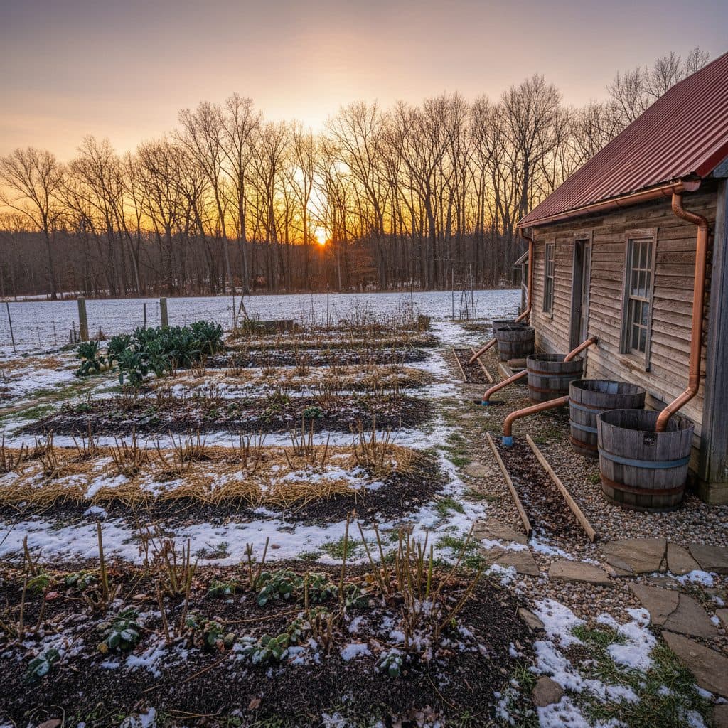 Empty rainwater barrels next to a homestead in winter, downspouts redirected.