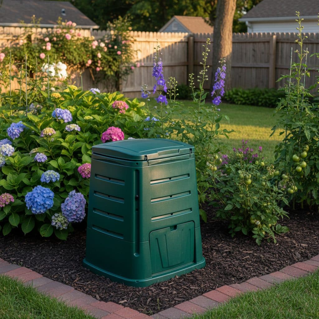 A secure, well-managed compost bin in a backyard garden, surrounded by healthy plants, under soft afternoon light.
