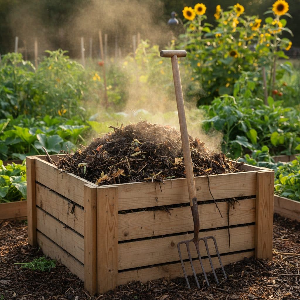A steaming, well-maintained compost pile in a wooden bin in a US garden.
