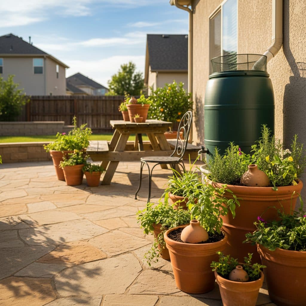 A vibrant container garden on a sunny US patio, showing various plants in pots, with a visible olla in one and a small rain barrel in the distance.