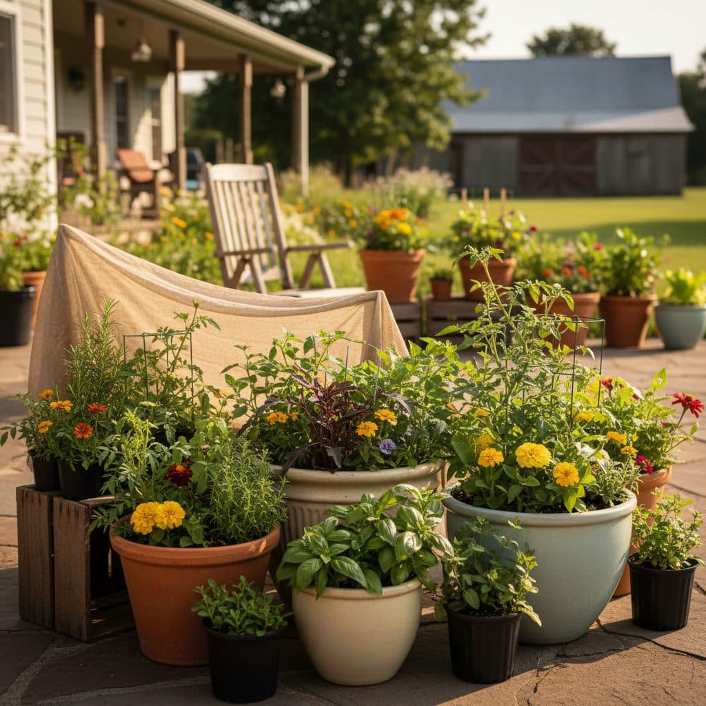A diverse container garden on a sunny patio, featuring light-colored pots, double-potted arrangements, and a small shade cloth providing relief to some plants.
